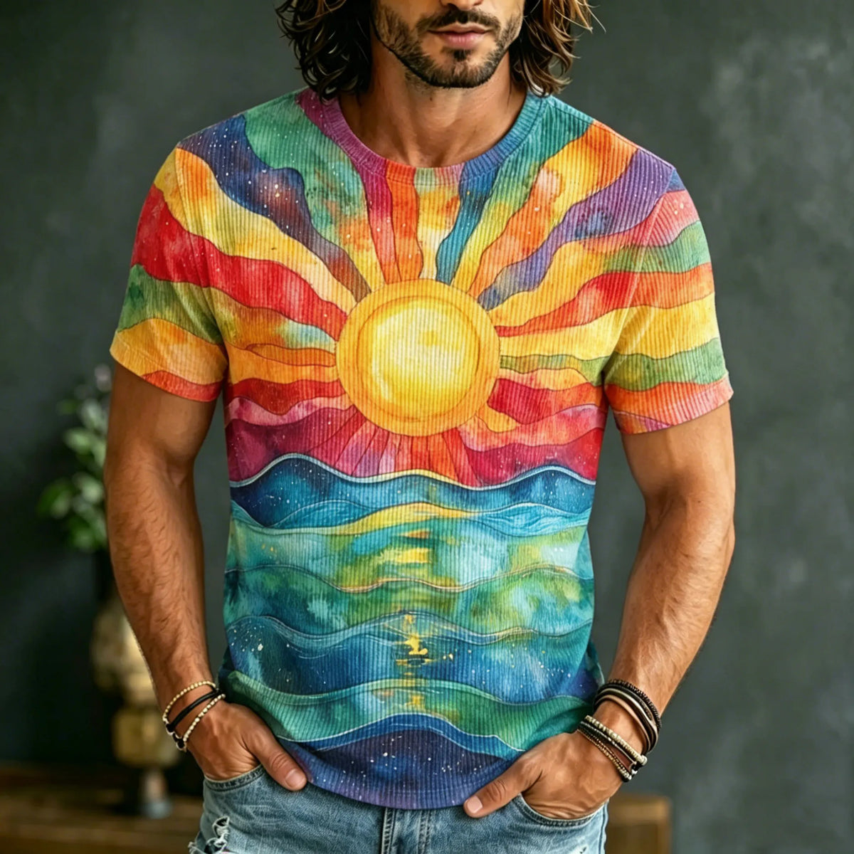 Men's Retro Bohemian Hippie Style Sun And Ocean Print T-shirt