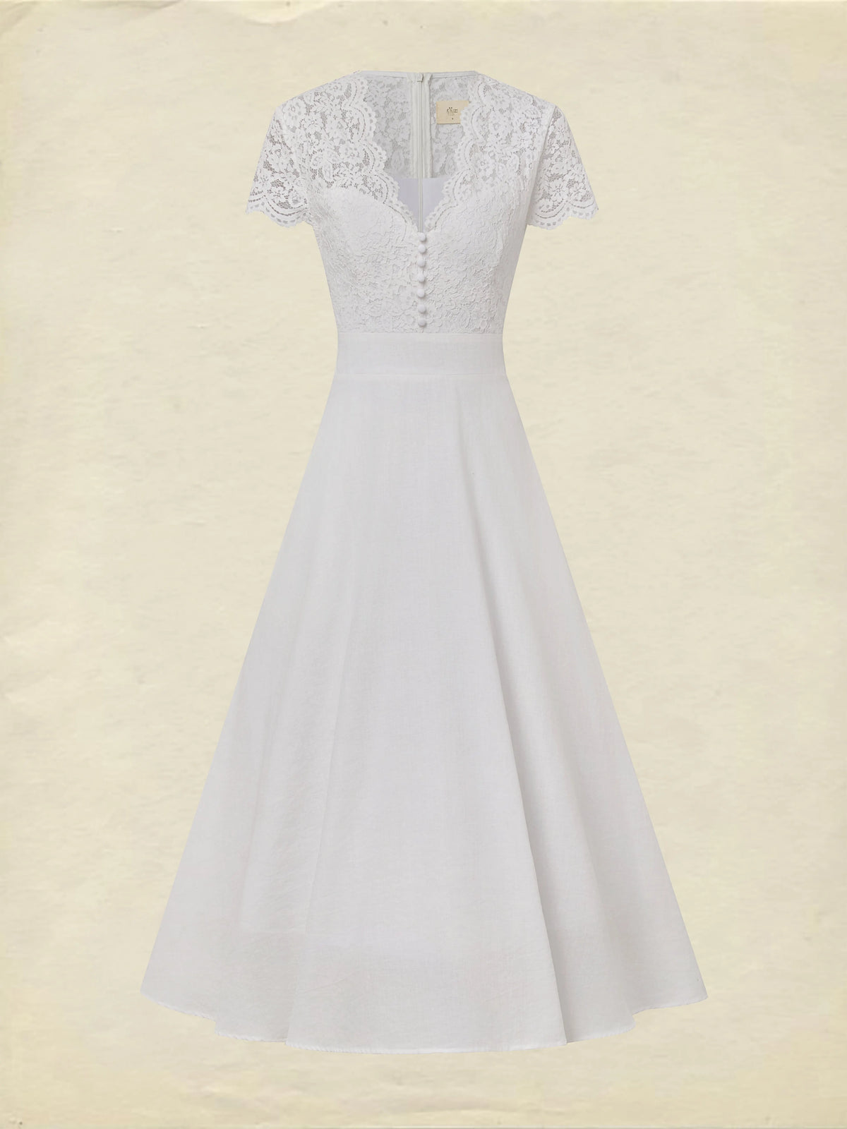 Midi Cotton Dress, Short Sleeves, Plain, Lace, Vacation, Vintage, White