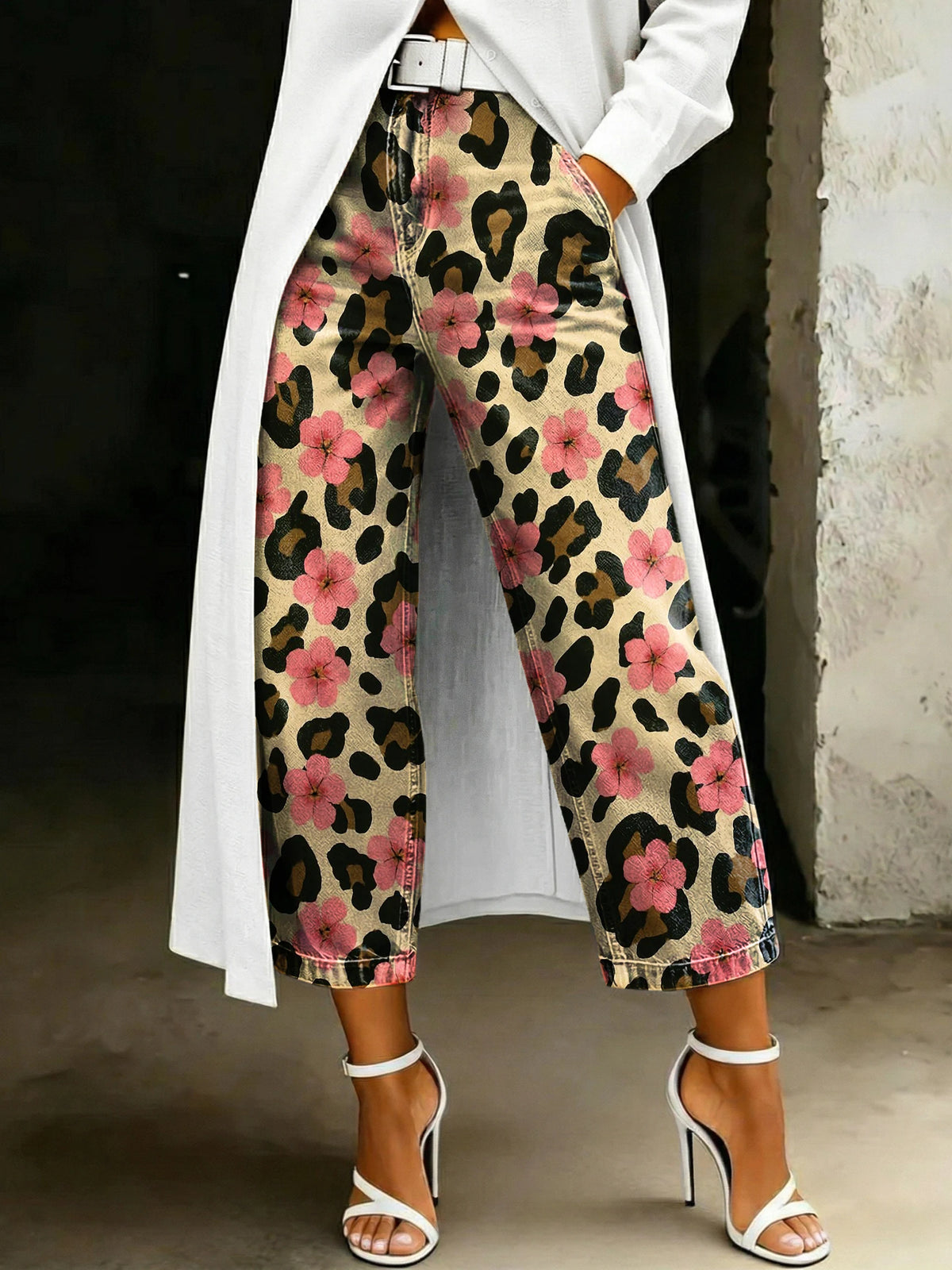 Women's Fashion Retro Floral And Leopard Print Printed Loose-fit Casual Wide-leg Jeans