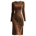 Brown Suede Asymmetric Fringe Midi Dress