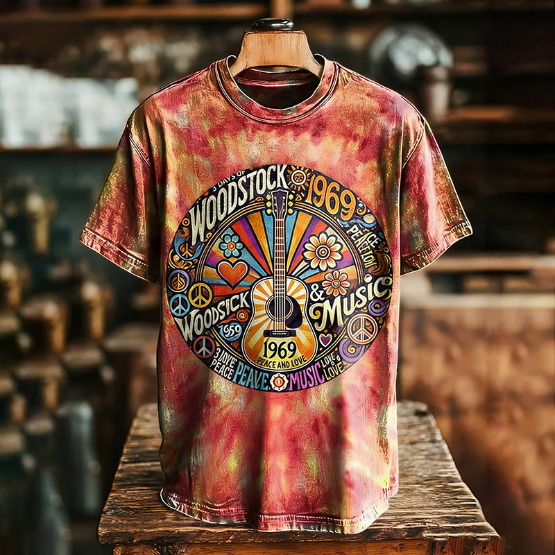 Vintage Tie Dye Woodstock 1969 Hippie Music Art Print Casual T-shirt