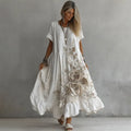 Women's White Rose Embroidery Art Round Neck Short Sleeve Linen Blend Midi Dress