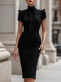 High-Neck Ruffle Front Structured Pencil Midi Dress