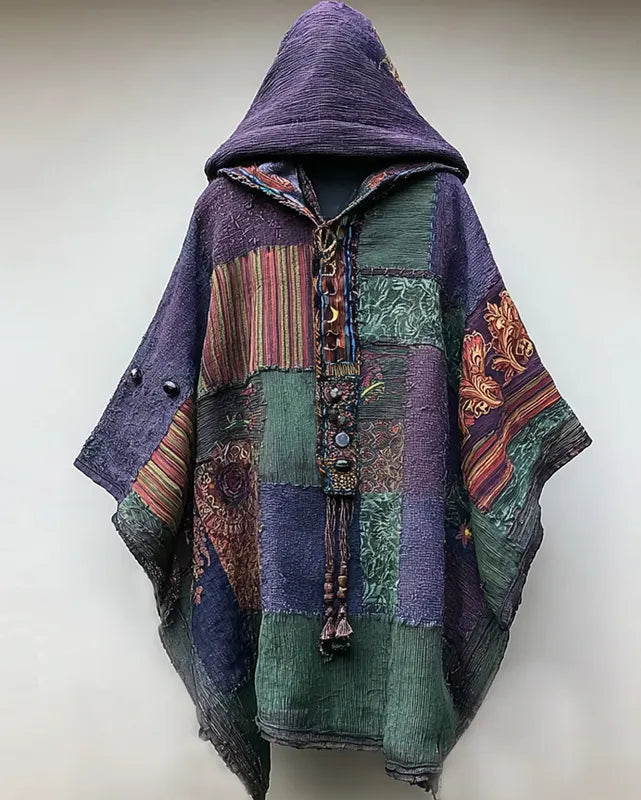 Irregular ethnic patchwork contrast color beaded cape b0ca