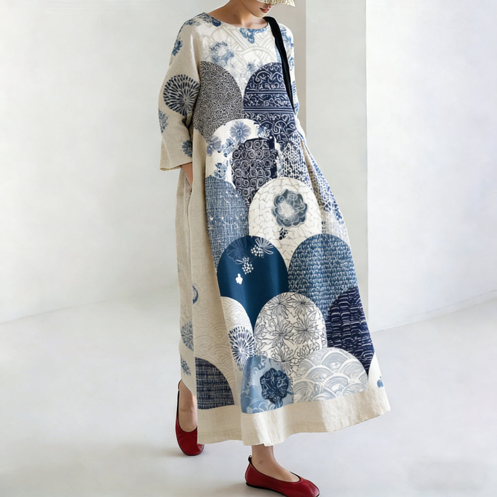 Women's Japanese-style Linen Dress With Geometric And Floral Patterns