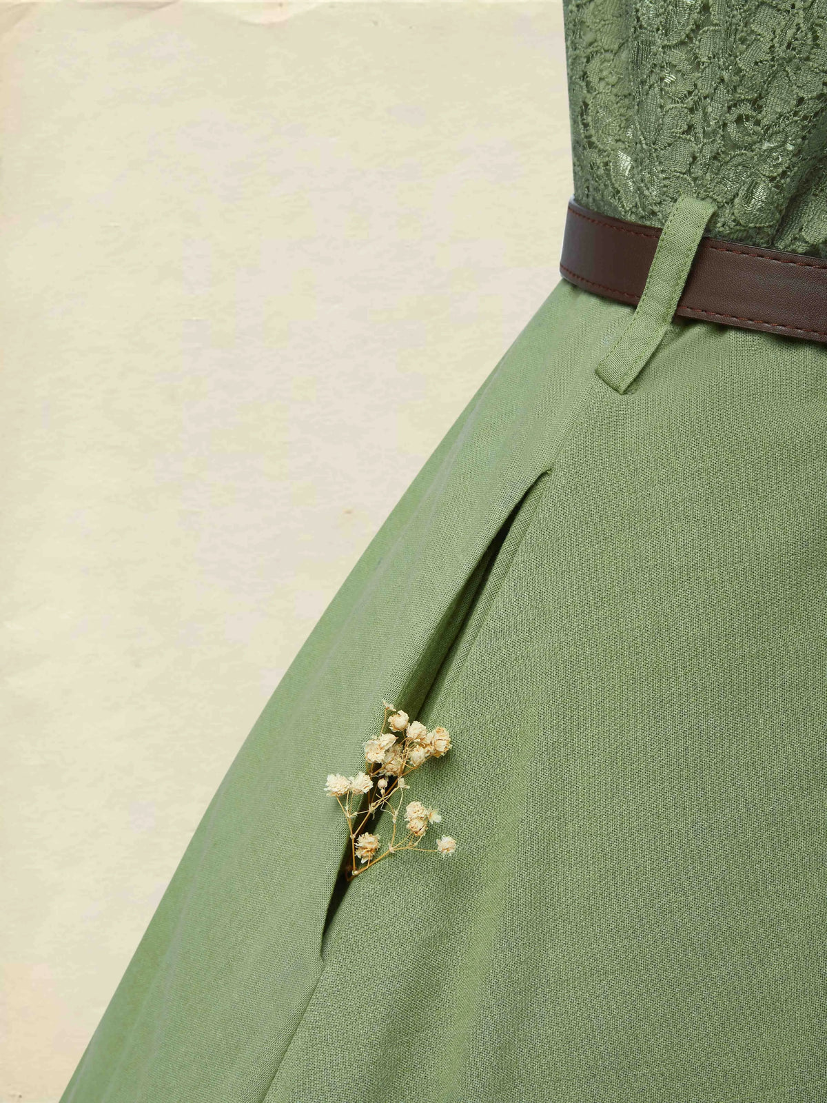 Midi Linen Dress , Half Sleeve, V Neck, Plain, Lace, Vintage, Army Green
