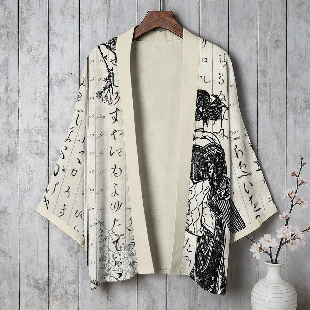 Vintage Japanese Calligraphy Comfy Art Linen Kimono
