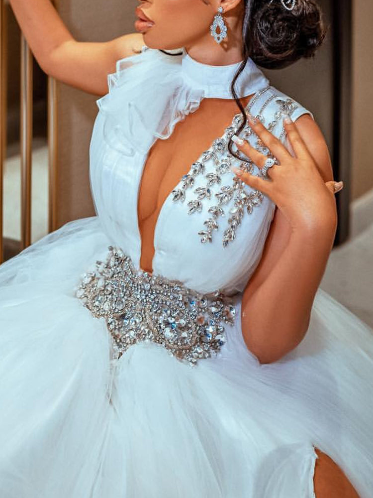 Beaded Embellished Hollow A-Line Split-Side White Wedding Maxi Dress