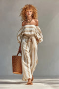 Women's Beige & Brown Striped Off-Shoulder Balloon Sleeve Jumpsuit with Waist Tie