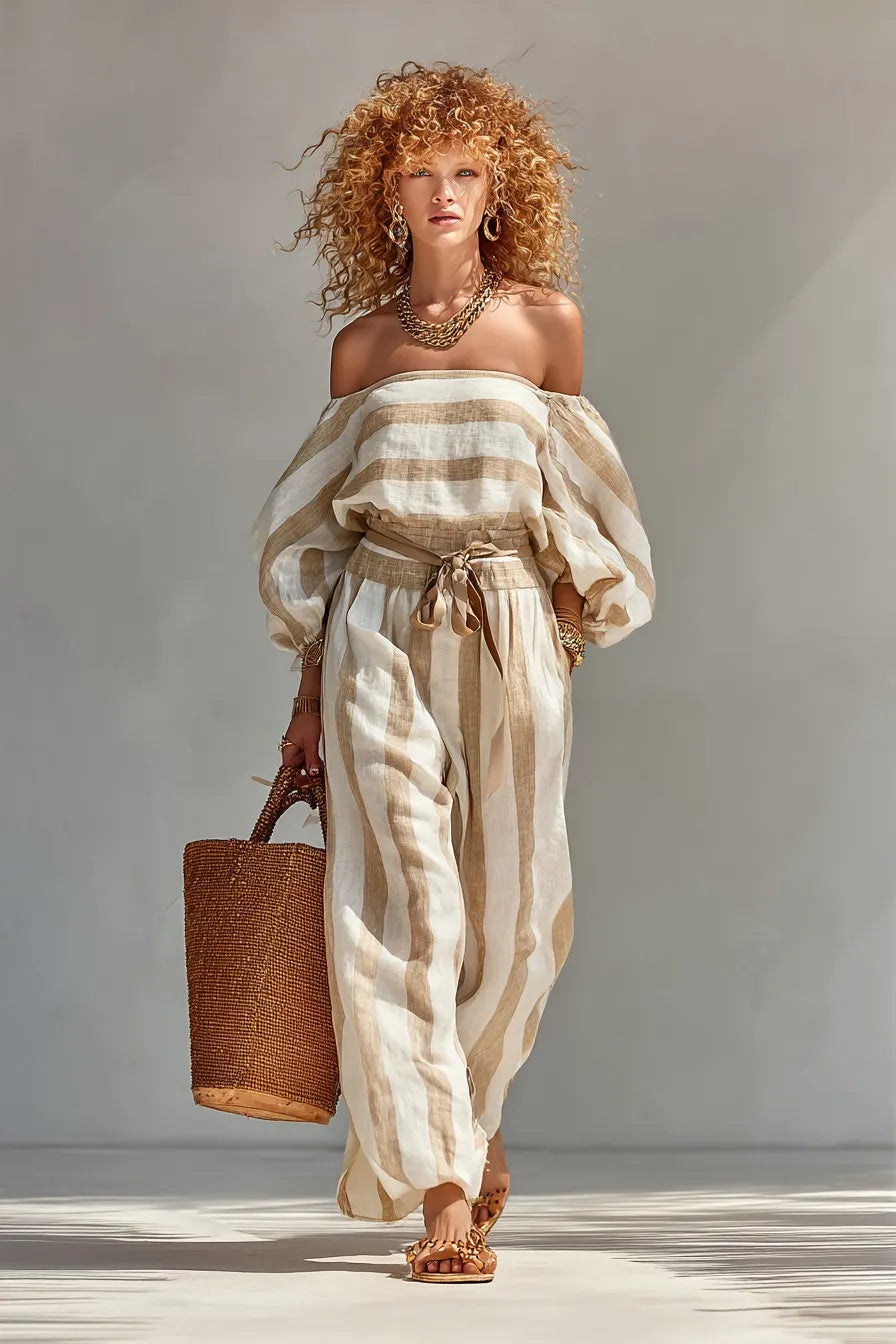 Women's Beige & Brown Striped Off-Shoulder Balloon Sleeve Jumpsuit with Waist Tie