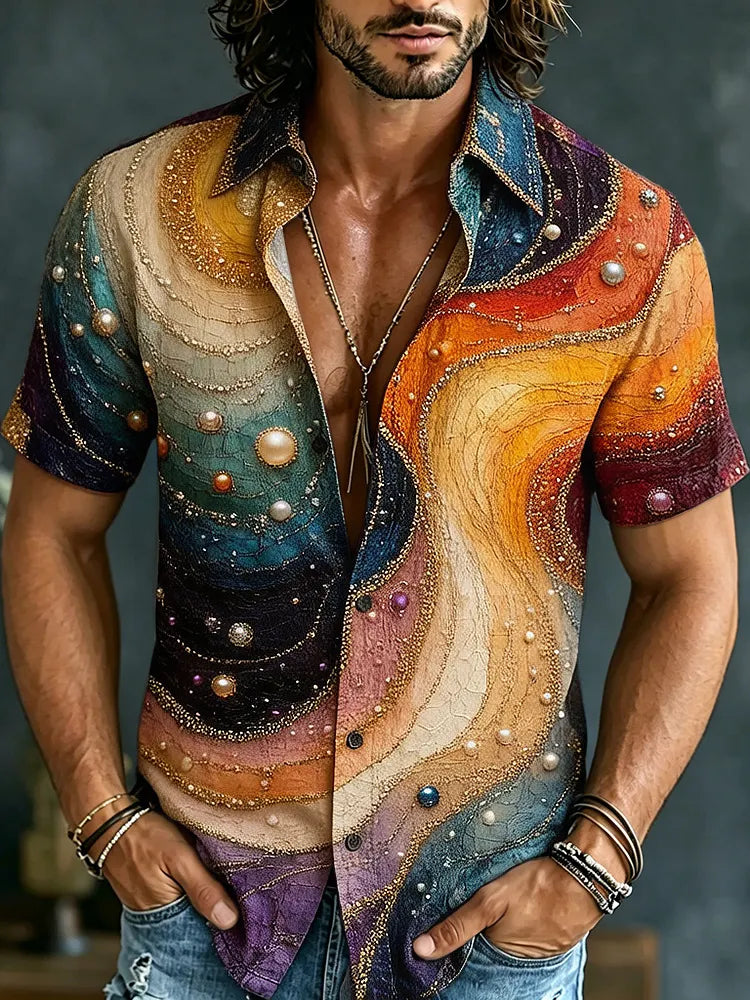 Men's Retro Hippie Patchwork Print Short-sleeve Shirt