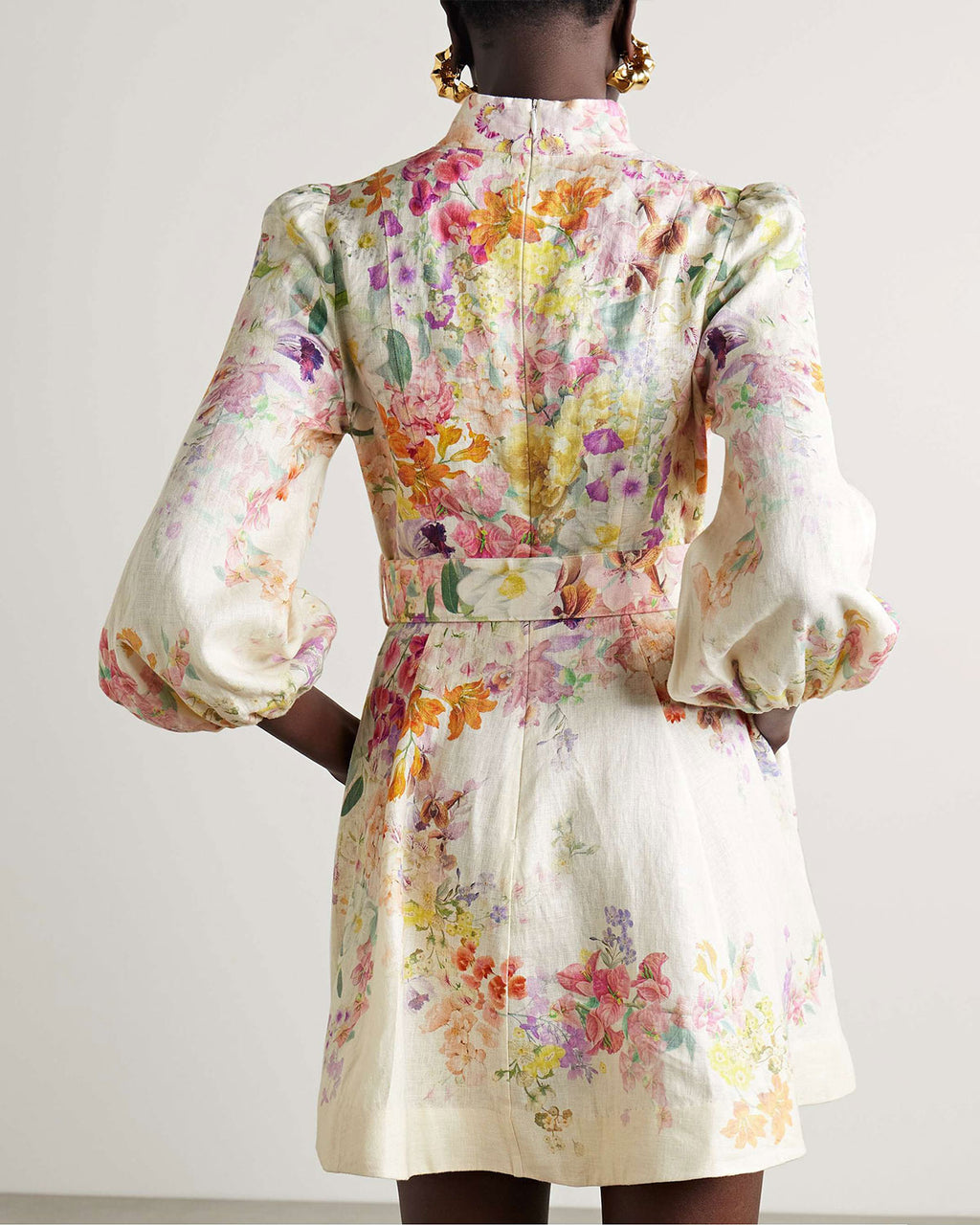 Belted floral-print linen mini dress