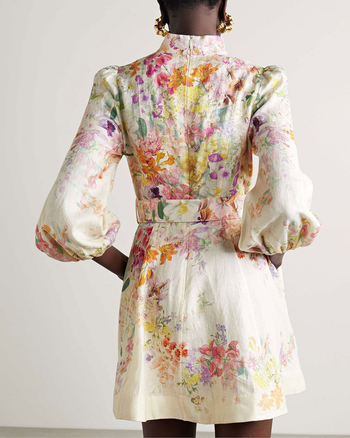 Belted floral-print linen mini dress