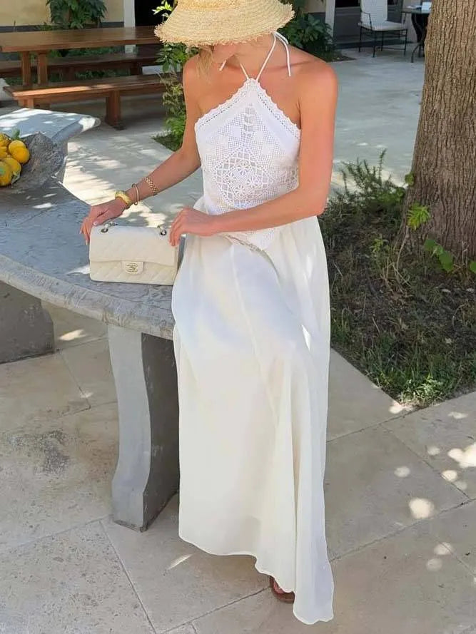 Halter Neck Backless Lace Top And Skirt Set-Skirt