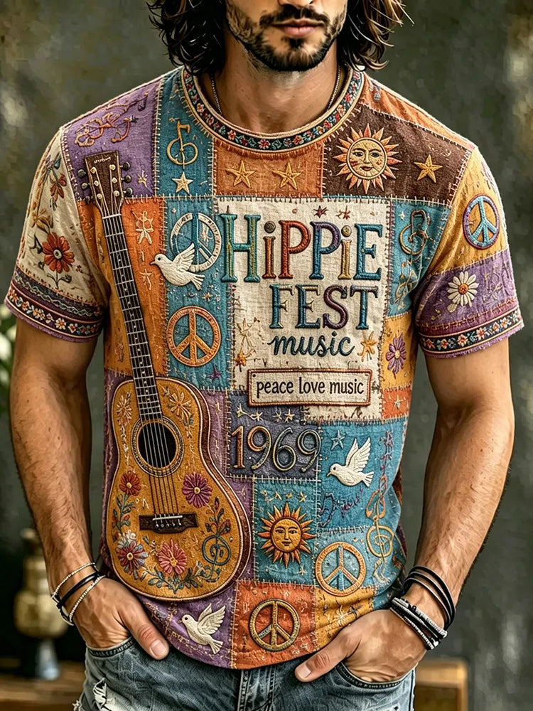 Men's Peace Sign And Guitar Hippie Patchwork Print T-shirt
