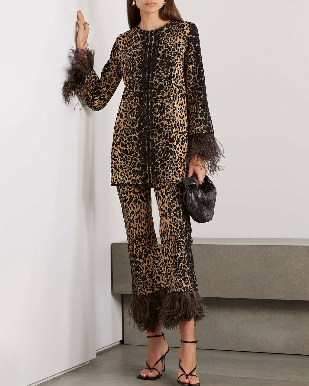 Feather-Trimmed Jacquard-Knit To And Pants Two-Piece Set