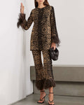 Feather-Trimmed Jacquard-Knit To And Pants Two-Piece Set