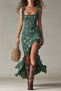Bohemian Green Printed Maxi Dress with Ruffled Sleeves