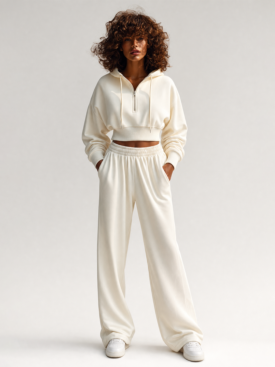 Women's Casual Sporty Off-white Half-Zip Hooded Long-Sleeve Cropped Sweatshirt & Elastic-Waist Wide-Leg Sweatpant Set MDZ2460G6CMX