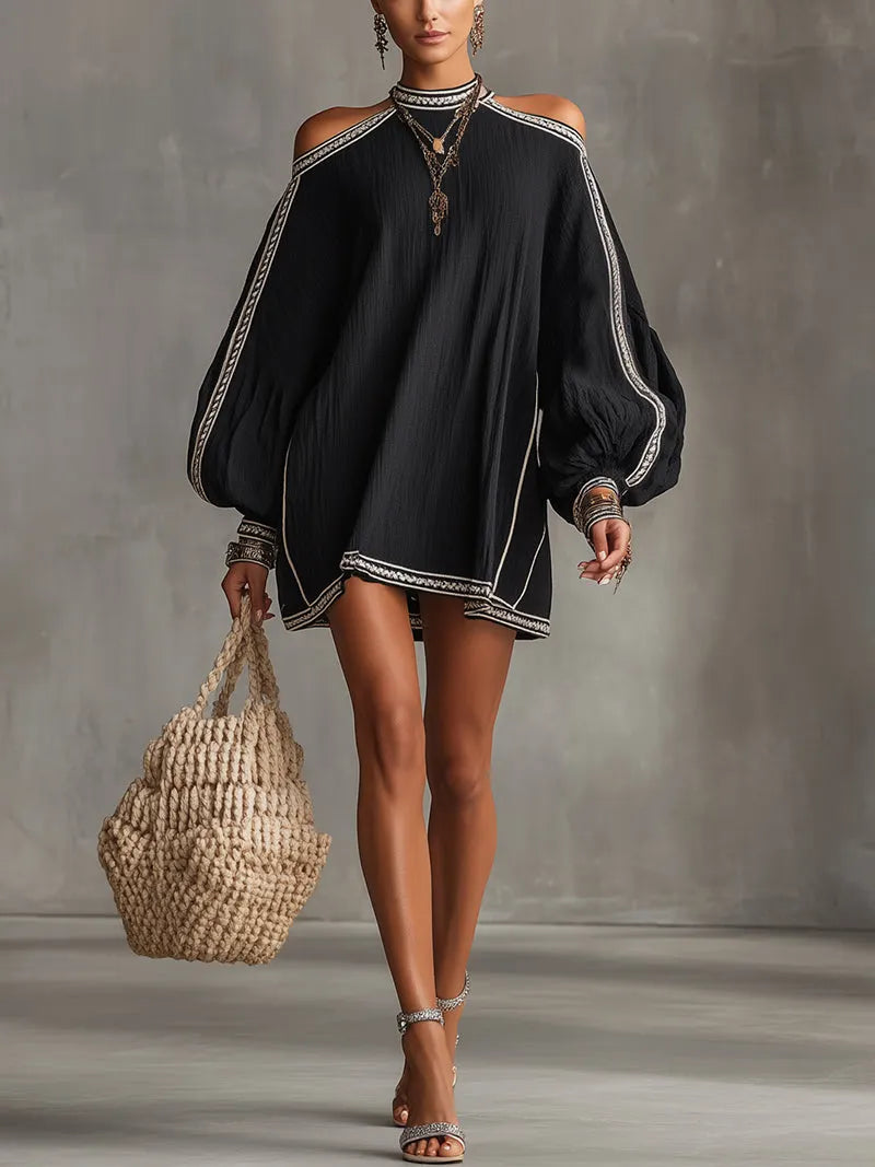 Black Boho Cold Shoulder Lantern Sleeve Linen Mini Dress
