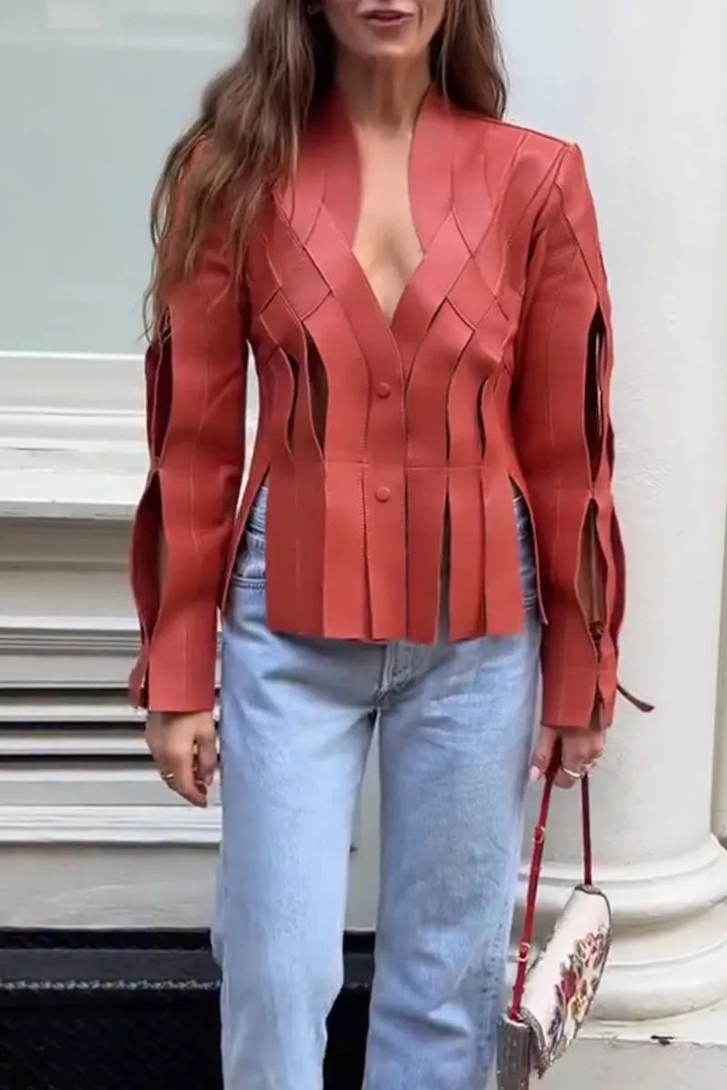Women Cut Leather Short Jacket or Light Blue Fringed Straight Leg Jeans