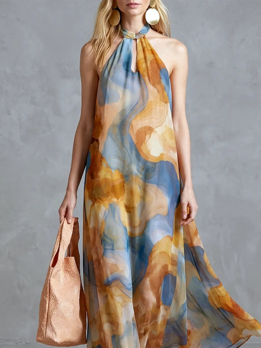 Bohemian Style Watercolor Print Backless Halter Neck Maxi Dress