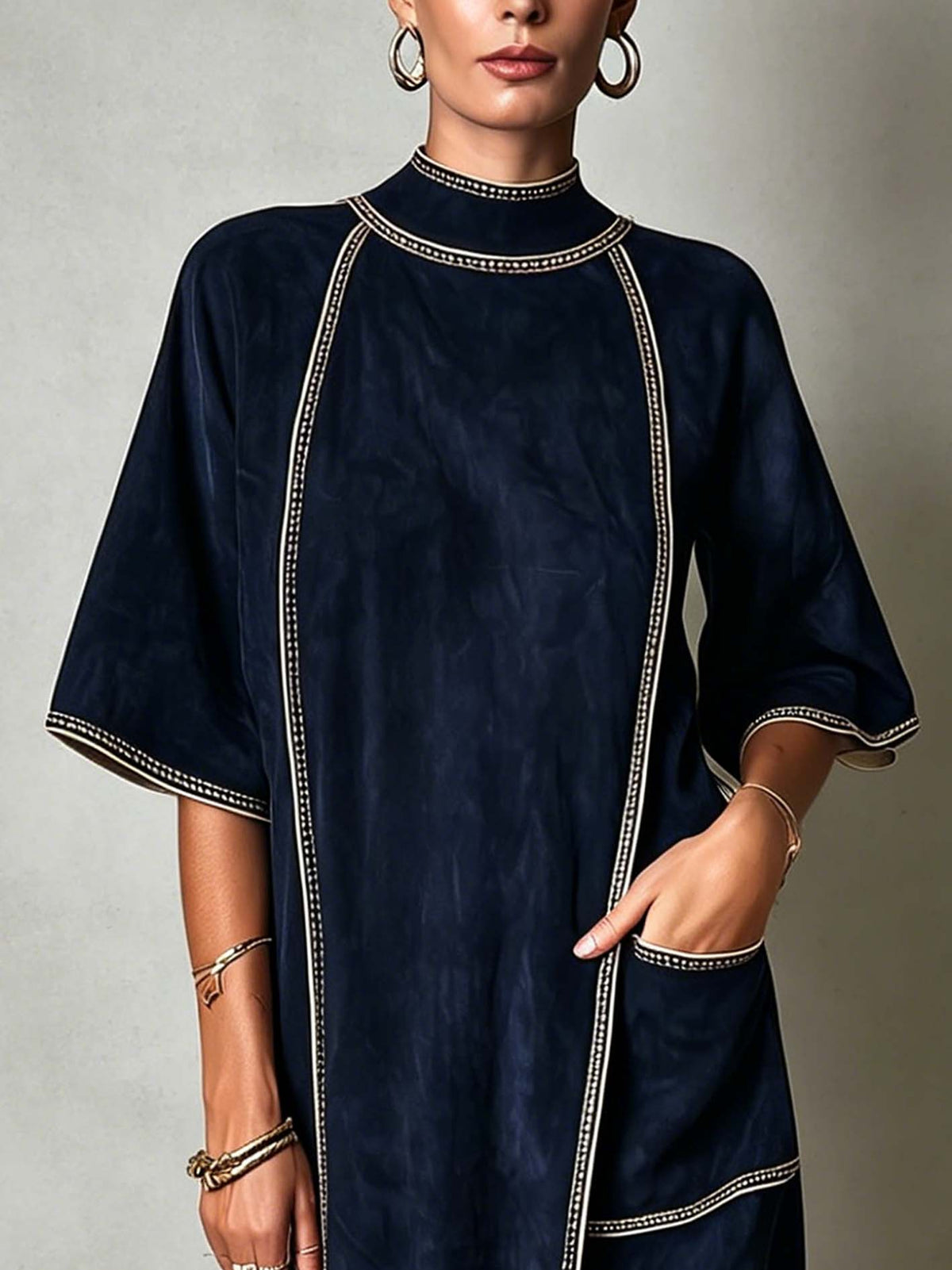 Navy Faux Suede Midi Dress With Vintage Trim Detail