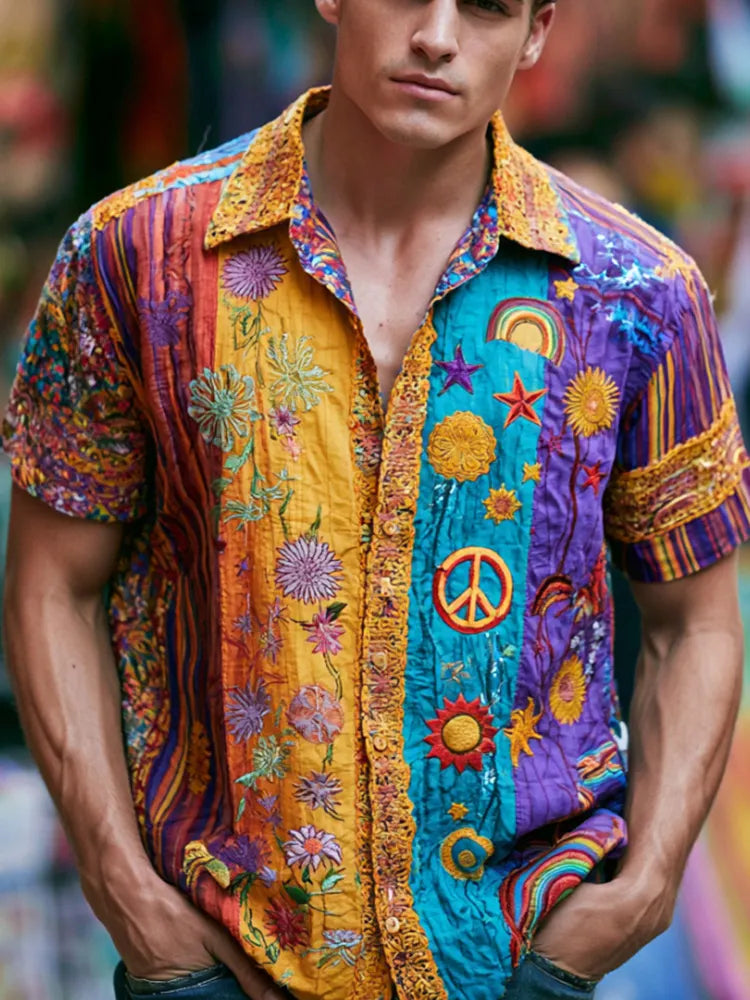 Men's Peace Symbol And Floral Art Hippie Embroidered Patchwork Casual Short Sleeve Shirt