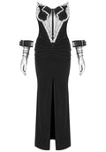 Strapless Crystal Bustier Draped Maxi Velvet Dress Black