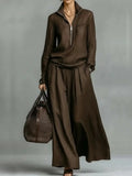 Women's Half-zip Top And Wide-leg Pants Two-piece Set