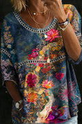 Vintage Floral Denim Blouse - Classic Button Down Shirt