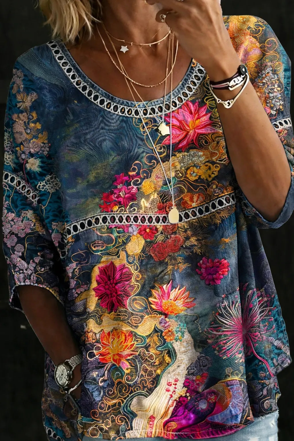 Vintage Floral Denim Blouse - Classic Button Down Shirt