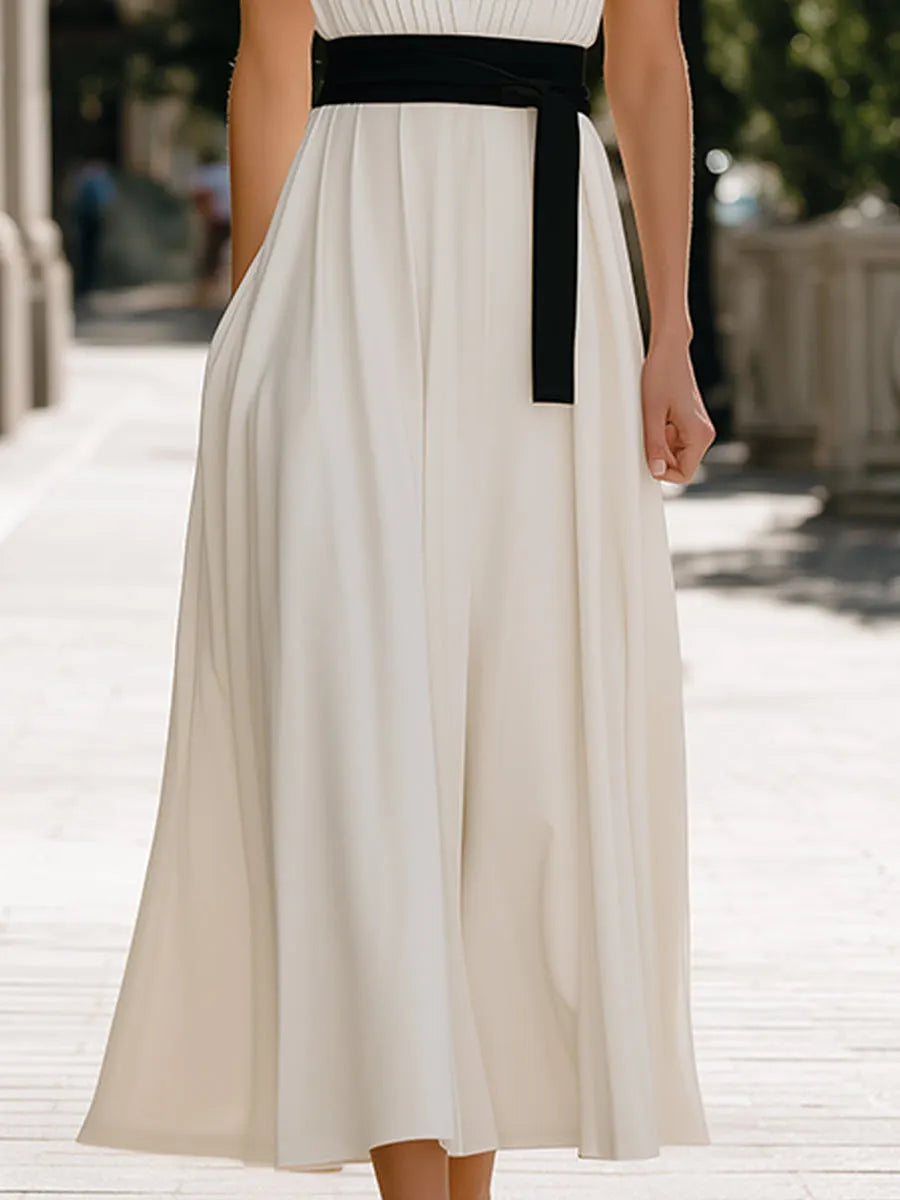 Pleated V-Neck Sleeveless Waist-Tie Flowing Maxi Dress