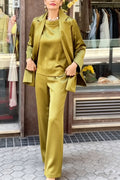 Olive Green Satin Blazer, Top & Wide Leg Pants Co-Ord Set