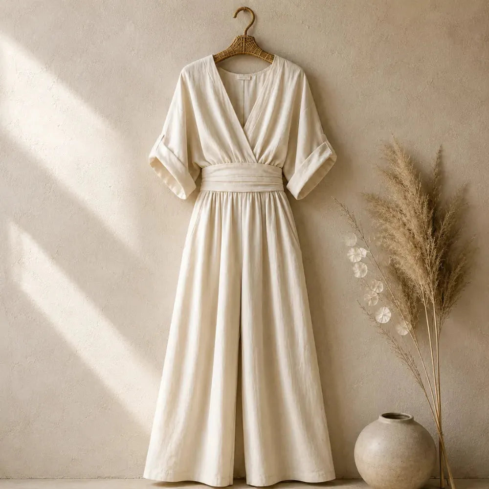 Soléra – Wide Leg V Neck Jumpsuit with Pleated Waist Sash