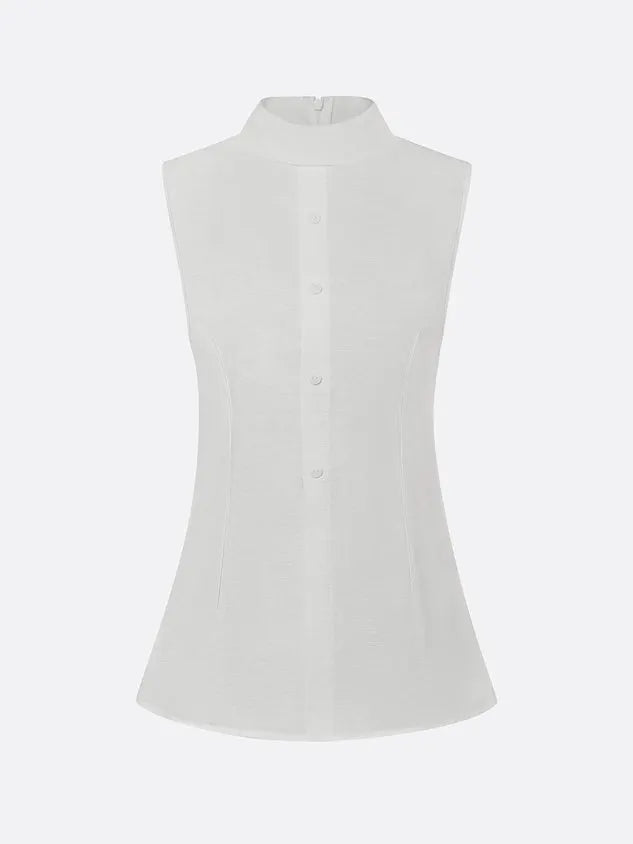 Elegant Linen Sleeveless Vest Stand Collar Asymmetrical Hem Office Wear