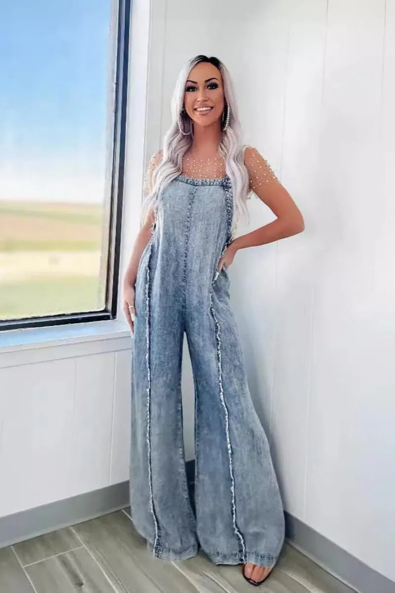 Denim Overalls for Women Casual Adjustable Straps Wide Leg Raw Hem Jeans Bib Overalls Jumpsuits