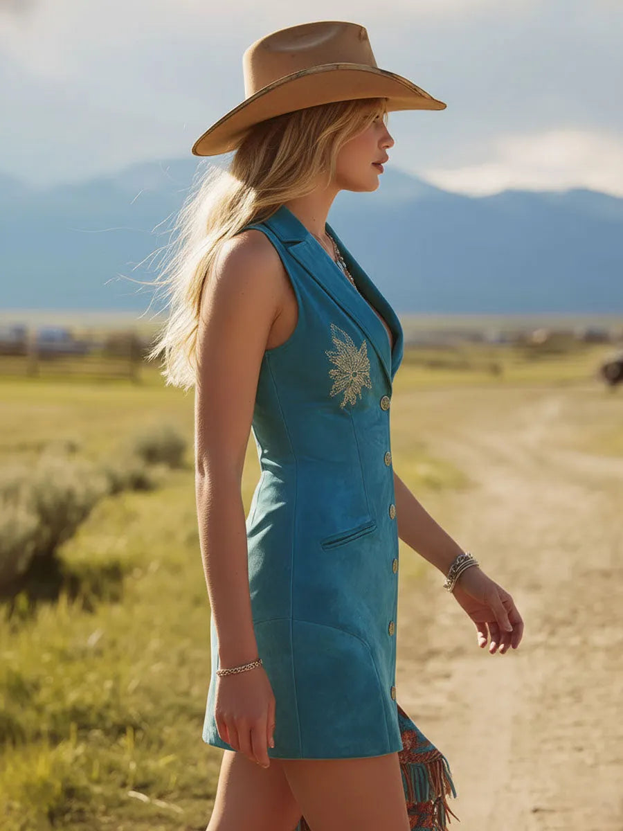 Western-style Faux Suede Embroidered Sleeveless Mini Dress