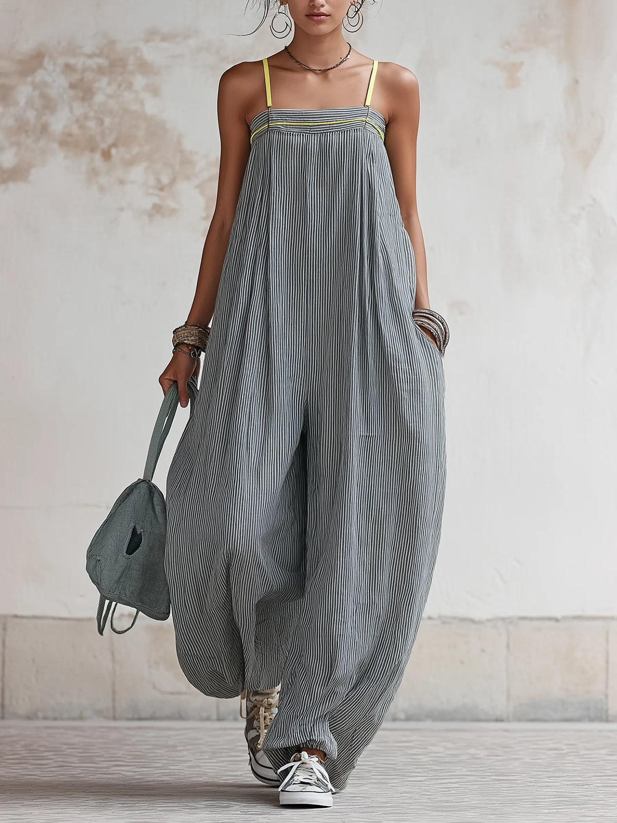 Striped Linen-Blend Balloon Jumpsuit With Contrast Straps