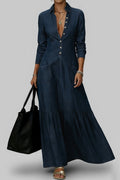 Women's Casual Shirt Collar Long Sleeve Pocket Single Breasted Denim Maxi Dress