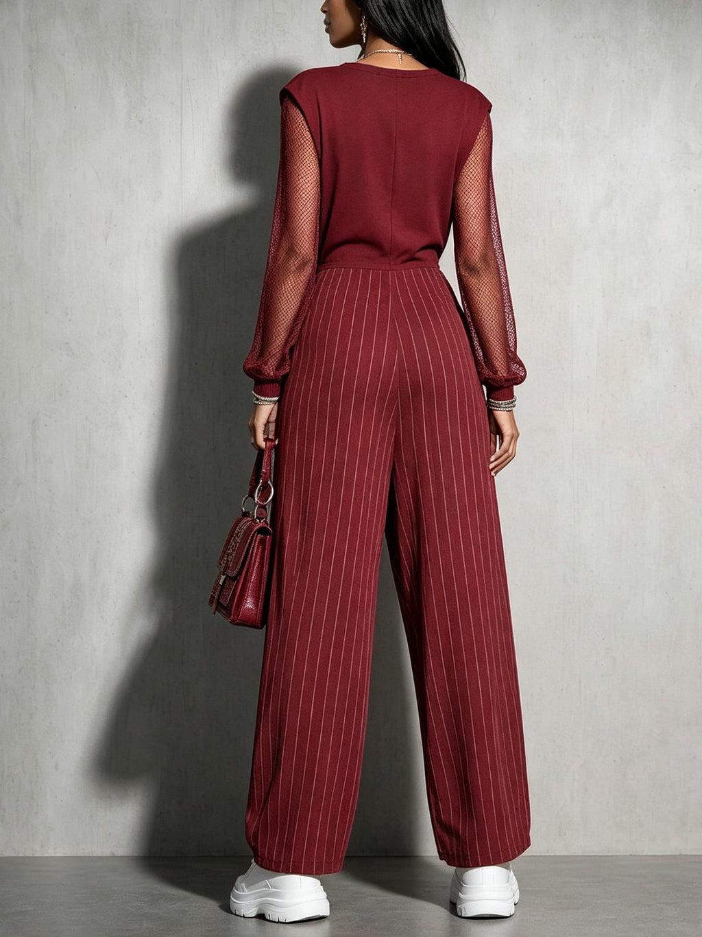 Wine Red Mesh Sleeve Pinstripe Harem Jumpsuit