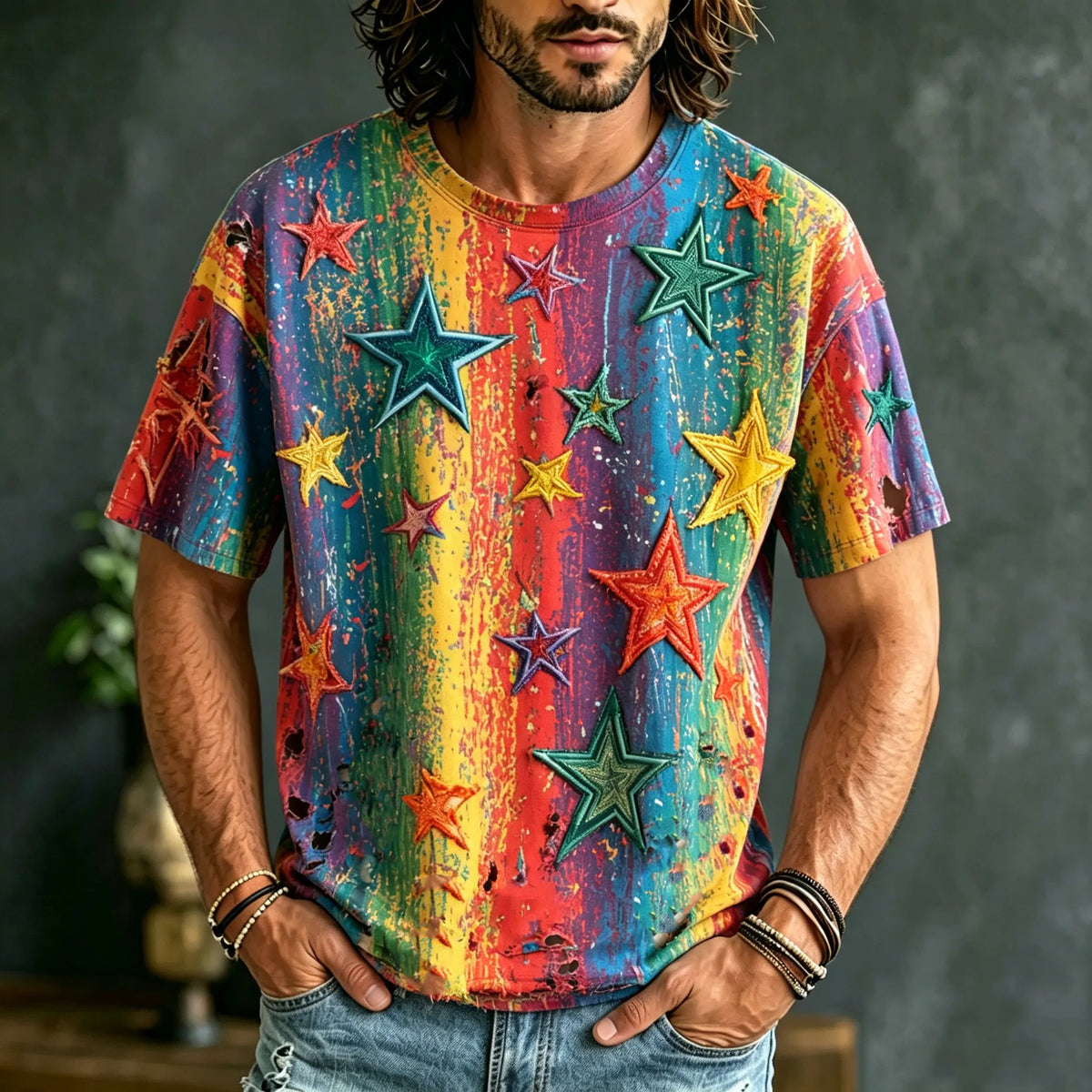 Men's Retro Bohemian Hippie Style Star Embroidered Print T-shirt