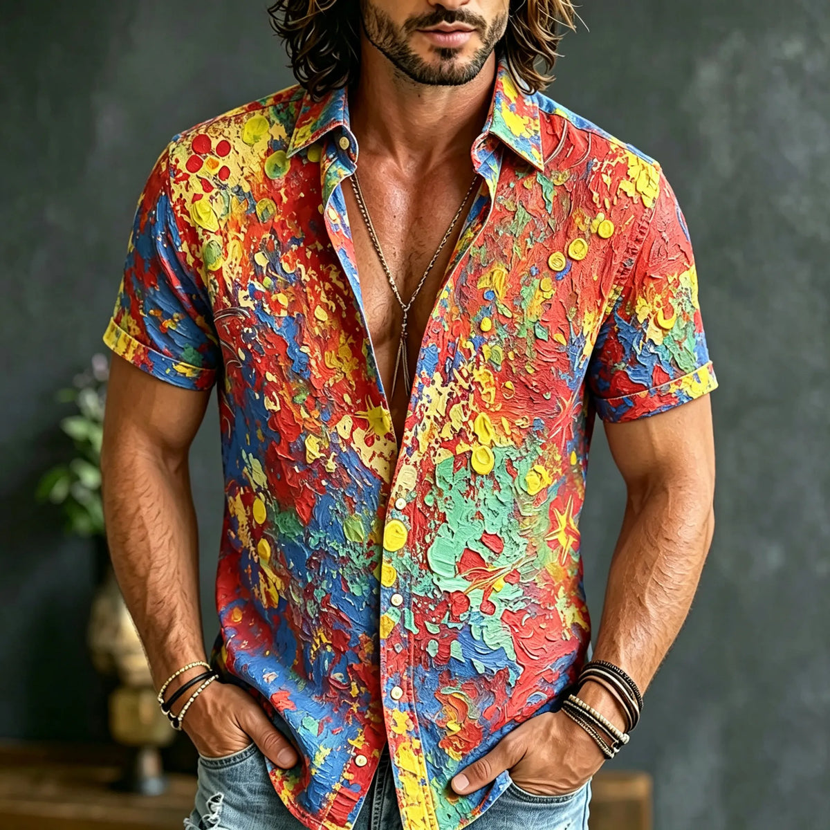 Men's Retro Hippie Style Printed Short-sleeve Shirt