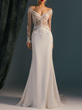 Elegant V-Neck Embroidered See-Through White Mermaid Wedding Maxi Dress