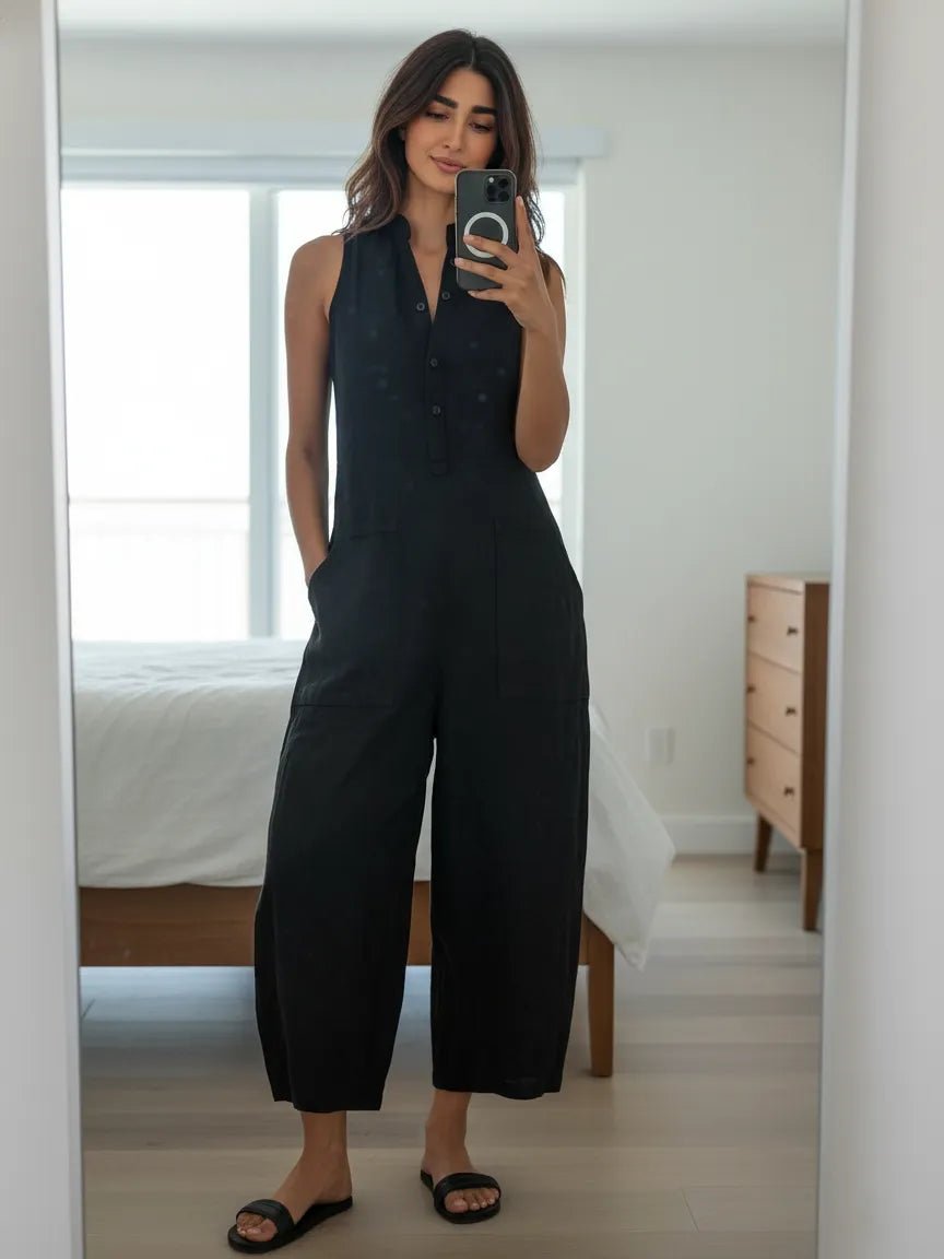 Women's Minimalist Linen Blend Button-up Stand-collar Sleeveless Loose Jumpsuit MDZ2725A5Y