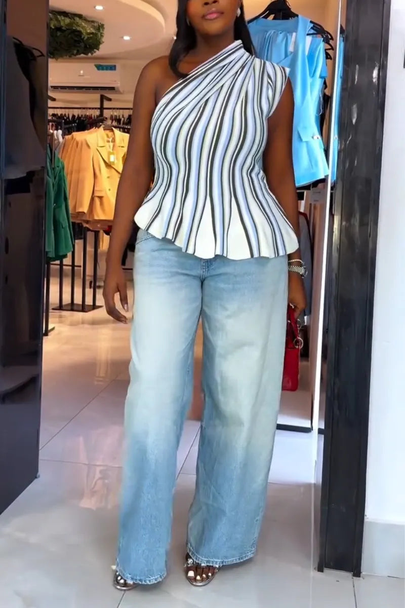 Womens One Shoulder Vertical Striped Top or Washed Wide Leg Jeans