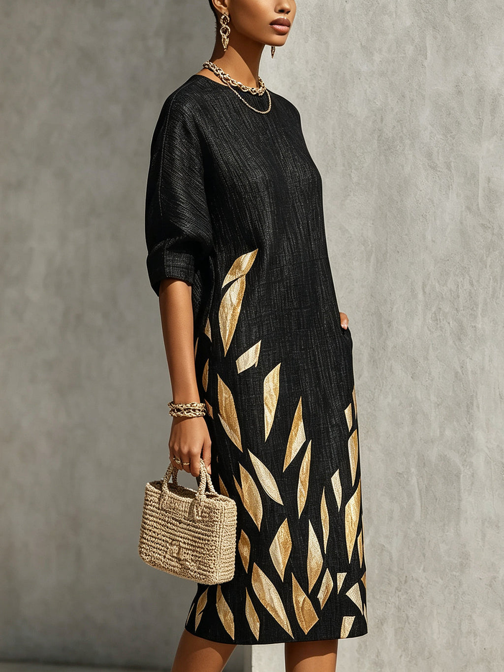 Black Oversized Textured Print Midi Dress