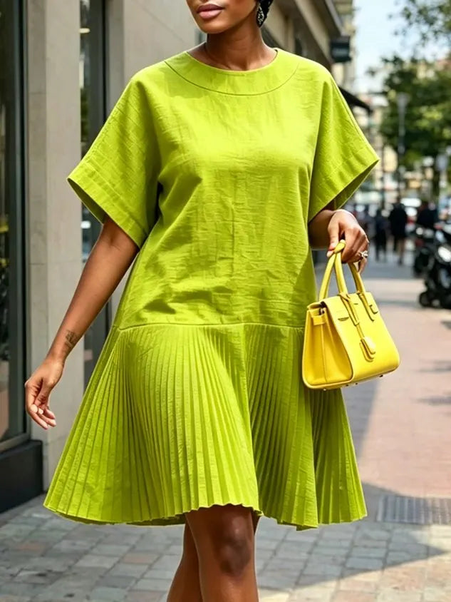 Cotton And Linen Casual Plain Pleated Crew Neck Knee Length Dress