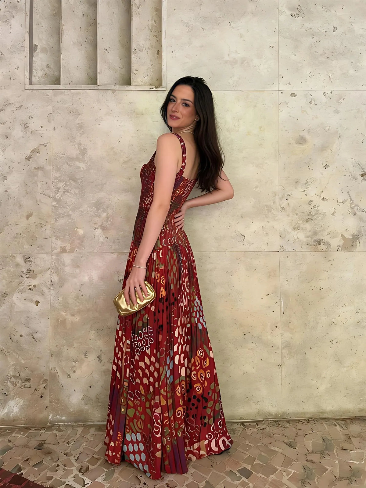 Vintage Print Sleeveless Maxi Dress