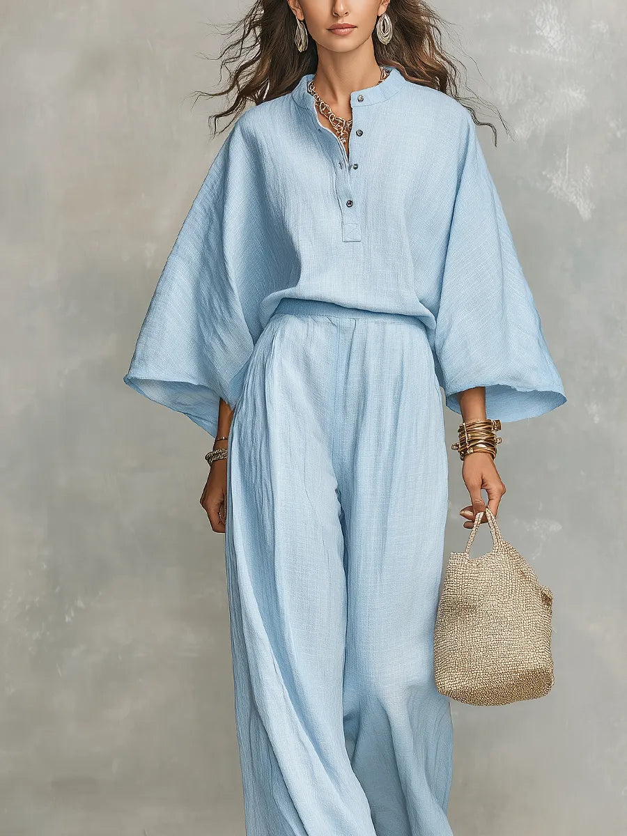 Bohemian Style Linen Wide Sleeved Top And Pants Set